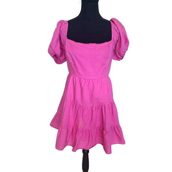 Louna Pink Peasant Babydoll Mini Dress XL Fit n Flare Linen Puff Sleeve $150 - Picture 8 of 13